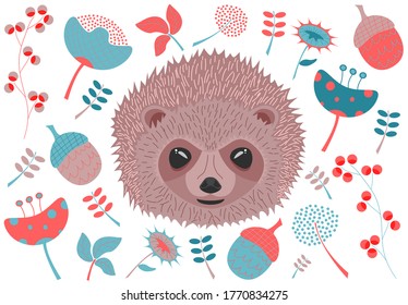 Cute hedgehog pattern and design elements on transparent background for fabric, print and tile, vector illustration