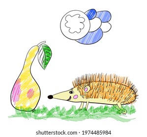 Cute hedgehog and pear on the green grass. Decorative elements isolated on a white background.