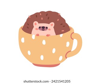 Cute hedgehog peeking, looking from behind cup. Funny forest animal playing, hiding in teacup. Kawaii adorable lovely baby character. Childish flat vector illustration isolated on white background