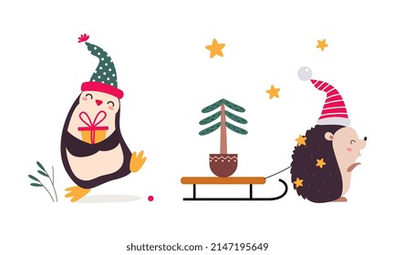 Cute Hedgehog and Penguin as New Year Character Pulling Sledge with Fir Tree and Gift Box Vector Set