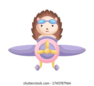 Cute hedgehog pilot wearing aviator goggles flying an airplane. Graphic element for childrens book, album, scrapbook, postcard, game. Flat vector stock illustration isolated on white background.