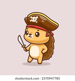 Cute Hedgehog Pirates Cartoon Vector Icon Illustration. 
Animal Holiday Icon Concept Isolated Premium Vector. Flat 
Cartoon Style 