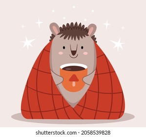 Cute hedgehog in a plaid drinks cocoa. Scandinavian autumn. Children's picture.
