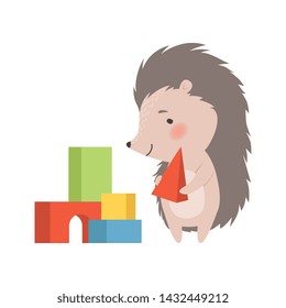 Cute Hedgehog Playing Colorful Toy Blocks, Adorable Prickly Animal Cartoon Character Vector Illustration