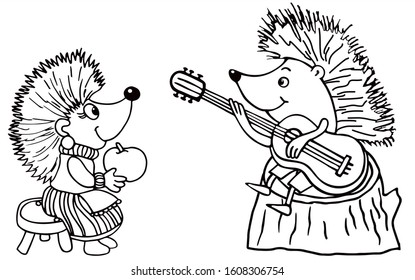 Cute hedgehog is playing a guitar in the forest. Black and white vector for card or gift, for coloring. 