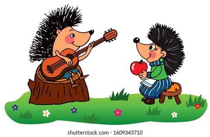 Cute hedgehog is playing a guitar in the forest. Colored vector for card or gift. 