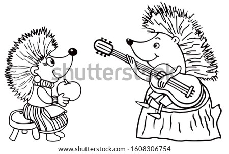 Cute hedgehog is playing a guitar in the forest. Black and white vector for card or gift, for coloring. 