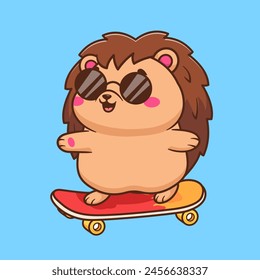 Cute Hedgehog Playing Skateboard Cartoon Vector Icon Illustration. Animal Sport Icon Concept Isolated Premium Vector. Flat Cartoon Style