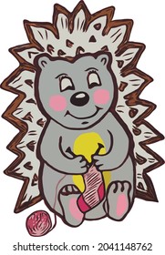 Cute Igel bereiten sich auf den Winter und stricken eine Socken. Flache Vektorgrafik.