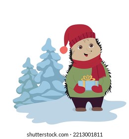 Cute hedgehog with present box. Winter design vector illustration.