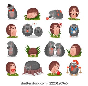 Cute Hedgehog with Prickles as Woodland Character Engaged in Different Activity Big Vector Set