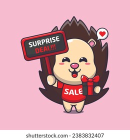 cute hedgehog with promotion sign and gift box in black friday sale cartoon vector illustration