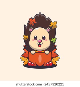 Cute hedgehog in a pumpkin at autumn season. Mascot cartoon vector illustration suitable for poster, brochure, web, mascot, sticker, logo and icon.