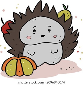 Cute hedgehog with pumpkin carries apples and pears, illustration in cartoon style