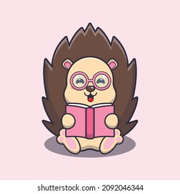 Cute hedgehog reading a book. Cute cartoon animal illustration.