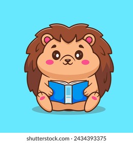 Cute Hedgehog Reading Book Cartoon Vector Icon Illustration. Animal Education Icon Concept Isolated Premium Vector. Flat Cartoon Style