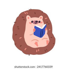 Cute hedgehog reading book. Funny baby animal, happy reader. Kawaii adorable forest character studying, learning, relaxing. Kids fairytale flat vector illustration isolated on white background