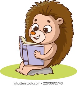 cute hedgehog reading a book vector illustration