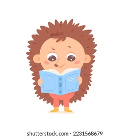 Cute hedgehog reading open book vector illustration. Cartoon isolated happy baby animal character holding school textbook or fairy tales literature to read and study, funny wild adorable student