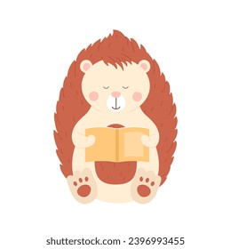 Cute hedgehog reading story book. Forest animal gaining knowledge, zoo library cartoon vector illustration