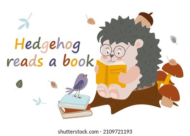 Cute hedgehog liest einen Bücher-Konzept-Hintergrund. Herzlichen Glückwunsch zum Lesen und Sitzen auf einem Stapel von Büchern. Tier liebt Literatur, Lernen und Bildung. Vektorgrafik in flachem Cartodesign