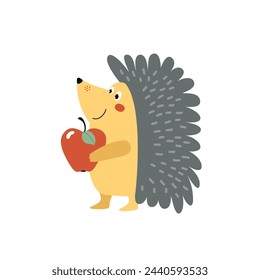 Cute hedgehog with red apple. Funny forest animal likes fresh fruit, healthy food, full vitamins.  Happy cartoon character, hand drawn vector illustration for kids, isolated. Flat design