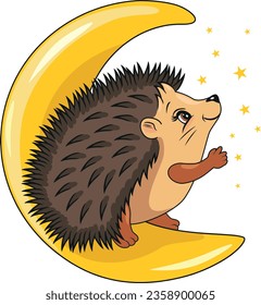 Cute hedgehog resting on the moon and catching stars. Vector