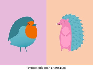 Cute hedgehog and robin vector illustration