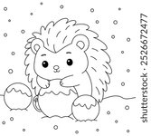 Cute hedgehog rolling snowballs to build a snowman outline coloring page. Christmas and Winter Illustration 