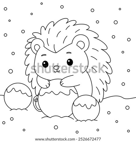 Cute hedgehog rolling snowballs to build a snowman outline coloring page. Christmas and Winter Illustration 