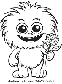 Cute Hedgehog with Rose Flower for Coloring Book, Black and White Cartoon Illustration