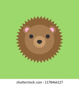 Cute hedgehog round vector graphic icon. Hedgehog animal head, face illustration. Isolated on green background.