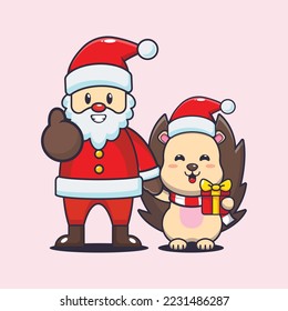 Cute hedgehog with santa claus. Cute christmas cartoon illustration.