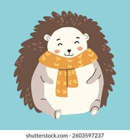 Cute hedgehog in scarf illustration for children's design and winter theme.