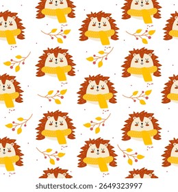 Cute hedgehog seamless pattern. Autumn kids background with animals