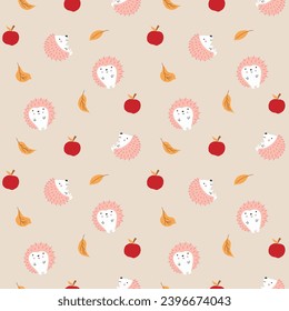 Cute Hedgehog Seamless Pattern, Cartoon animal background vector Illustration.