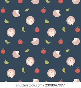 Cute Hedgehog Seamless Pattern, Cartoon animal background vector Illustration.