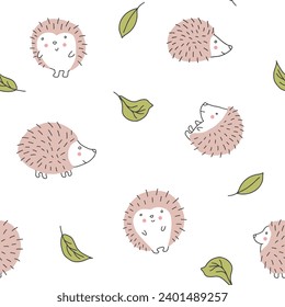 Cute Hedgehog Seamless Pattern, Cartoon animal background vector Illustration.