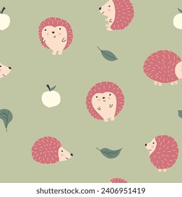 Cute Hedgehog Seamless Pattern, Cartoon animal background vector Illustration.