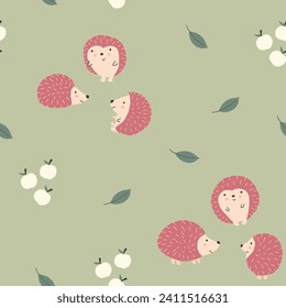 Cute Hedgehog Seamless Pattern, Cartoon animal background vector Illustration.