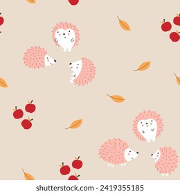 Cute Hedgehog Seamless Pattern, Cartoon animal background vector Illustration.