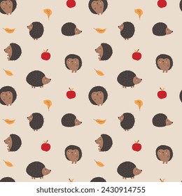 Cute Hedgehog Seamless Pattern, Cartoon animal background vector Illustration.