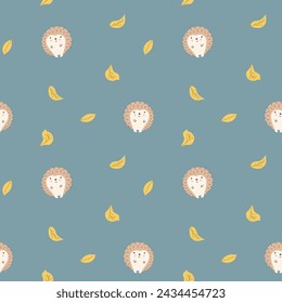 Cute Hedgehog Seamless Pattern, Cartoon animal background vector Illustration.