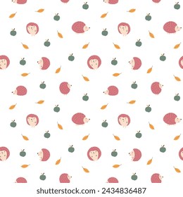 Cute Hedgehog Seamless Pattern, Cartoon animal background vector Illustration.