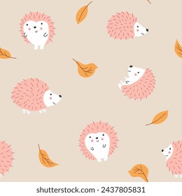 Cute Hedgehog Seamless Pattern, Cartoon animal background vector Illustration.