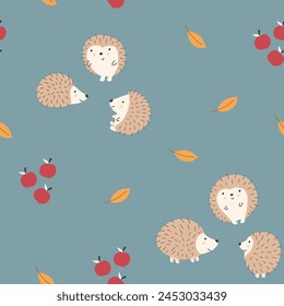 Cute Hedgehog Seamless Pattern, Cartoon animal background vector Illustration.