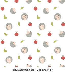 Cute Hedgehog Seamless Pattern, Cartoon animal background vector Illustration.