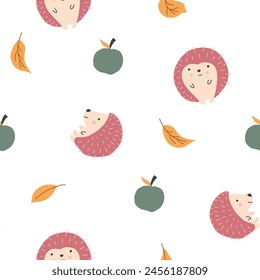 Cute Hedgehog Seamless Pattern, Cartoon animal background vector Illustration.