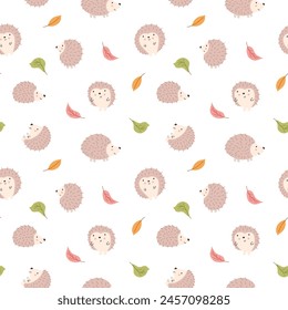 Cute Hedgehog Seamless Pattern, Cartoon animal background vector Illustration.