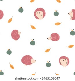 Cute Hedgehog Seamless Pattern, Cartoon animal background vector Illustration.